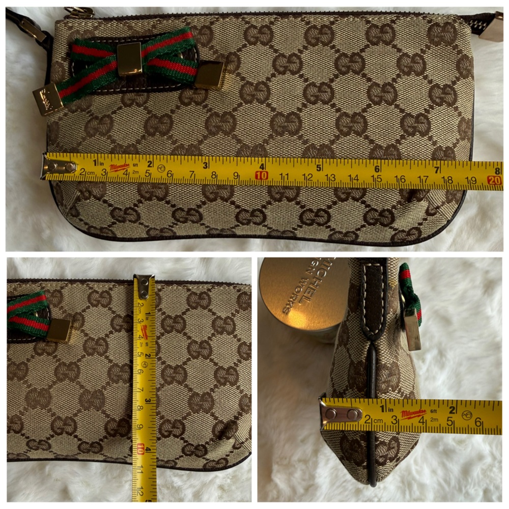 Gucci Beige/Brown GG Canvas Wristlet with Green/Red Bow - Picture 9 of 9